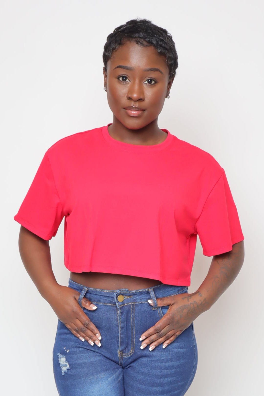 Effortless Chic Loose Fitting Short Sleeve Crop Top-Red